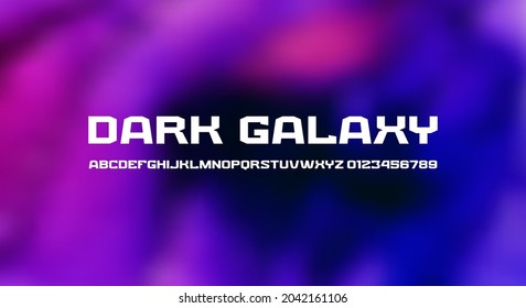 Wide sans serif font in space style. Letters and numbers for strong logo and emblem design. White print on blurred background. Vector illustration