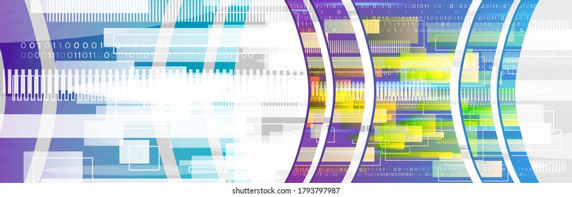 Wide Sci fi technology background with binary code and colorful lines. Futuristic circuit design innovation concept. Abstract communication vector illustration.