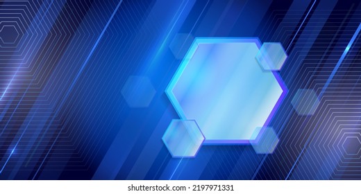 Wide Sci fi template with polygons. Abstract hexagons science on the blue background. Hi-tech digital technology and engineering concept.