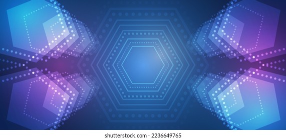 Wide Sci fi template with polygons. Abstract hexagons science on the blue background. Hi-tech digital technology and engineering concept.