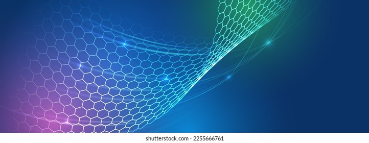 Wide Sci fi template with polygons. Abstract hexagons science on the blue background. Hi-tech digital technology and engineering concept.
