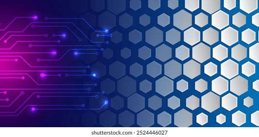 Wide Sci-Vorlage mit Polygonen für Präsentation oder Banner. Abstrakte Hexagon-Wissenschaft auf blauem Hintergrund. Hi-Tech-Digitaltechnik und Engineering-Konzept. 