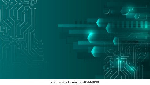 Wide Sci fi template with polygons. Abstract hexagons science on the green background. Hi-tech digital technology and engineering concept.
