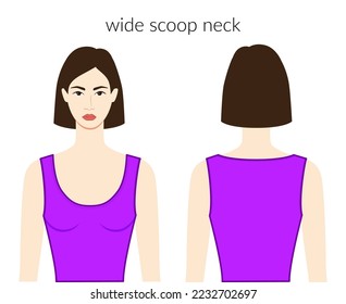 Wide scoop neckline clothes character beautiful lady in purple top, shirt, dress technical fashion illustration with fitted body. Flat apparel template front, back sides. Women, men unisex CAD mockup