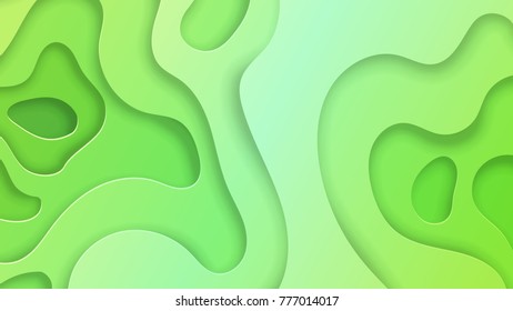 Wide screen wallpaper 3D abstract, green paper cut shapes. Vector design layout. Carving art, environment and ecology elements