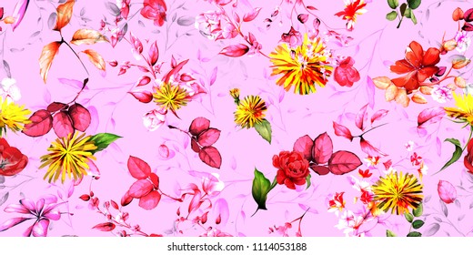 Wide seamless background floral illustration of dandelion with peony, wild flowers and leaves on light red. Vintage hand drawn pattern, watercolor. Vector - stock.