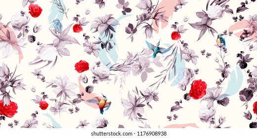 Wide seamless background floral pattern. Abstract flowers, rose, bird halcyon around on light white. Pattern for textile, fabric and other prints purpose. Abstract hand drawn artwork, vector - stock.
