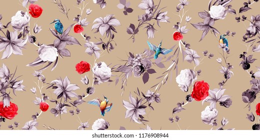 Wide seamless background floral pattern. Abstract flowers, rose, bird halcyon around on pastel color. Pattern for textile, fabric and other prints purpose. Abstract hand drawn artwork, vector - stock.
