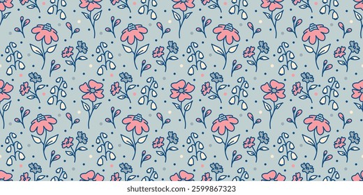 Wide seamless background with hand-drawn spring flowers on a soft pastel blue backdrop. Perfect for delicate textiles, stationery, wallpaper, nature-inspired designs. Garden core aesthetic