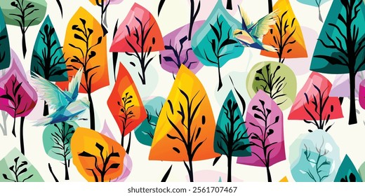 Wide seamless background pattern. Abstract vivid trees of different colors on white. Pure vector - stock.