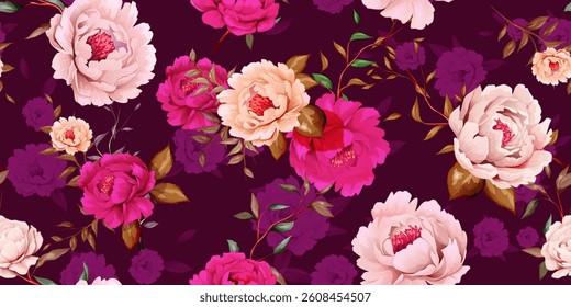 Wide seamless background pattern. Abstract red and white flowers peony with leaves on purple. Pure vector - stock.