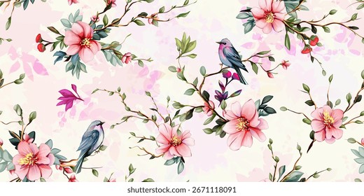 Padrão de plano de fundo totalmente uniforme. Flores vermelhas abstratas com ramos e pássaros em torno da luz. Vetor puro - stock.