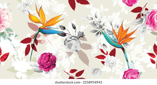 Wide seamless background pattern. Flower of paradise with leaves and red buds on white. Abstract, pure vector - stock.