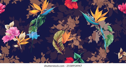 Wide seamless background pattern. Flower of paradise with leaves and red buds on dark. Abstract, pure vector - stock.