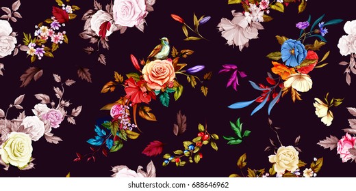 Wide seamless background pattern. Flowers roses, poppy, peony with nightingale and leaves. Hand drawn illustration. Vector - stock.