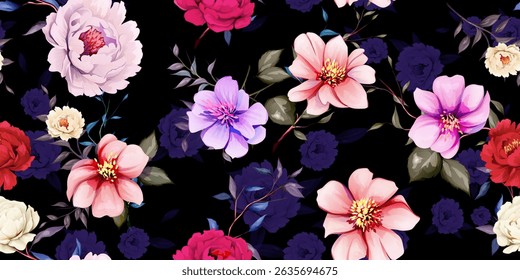 Wide seamless background pattern. Peony, tropical flowers with leaves on dark blue. Abstract pure vector - stock.