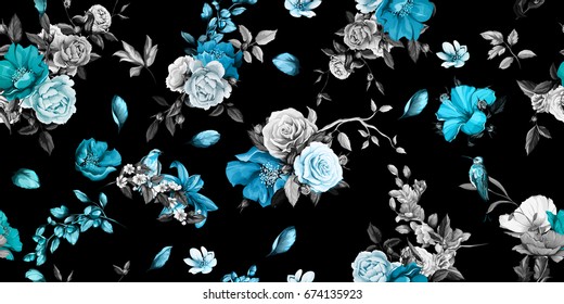 Wide seamless background pattern. Rose, peony, poppy, pomegranate buds and nightingales. Authentic hand drawn illustration. Watercolor, vector - stock.