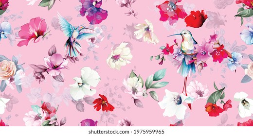 Wide seamless background pattern. Stilyzed wild flowers with leaf and humming birds on light red. Abstract, pure vector - stock.