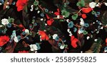 Wide seamless background pattern. Stylized red flowers with tropical leaves on black and humming birds. Abstract, pure vector - stock.