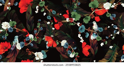 Wide seamless background pattern. Stylized red flowers with tropical leaves on black and humming birds. Abstract, pure vector - stock.