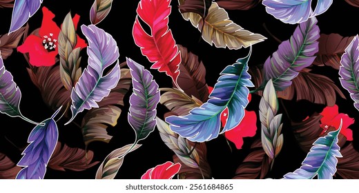 Wide seamless background pattern. Vivid red flowers with tropical leaves on black. Abstract, pure vector - stock.