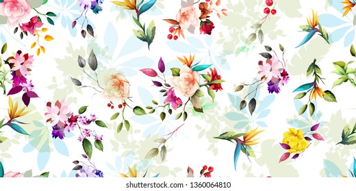 Wide seamless background pattern with wild flowers, leaves and tropical elements on white. Hand drawn illustration. vector - stock.