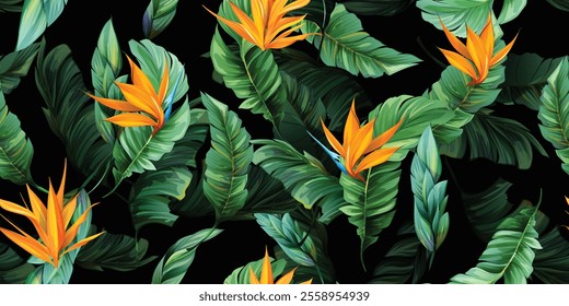 Wide seamless background pattern. Yellow flower of paradise with tropical leaves on dark black. Abstract, pure vector - stock.