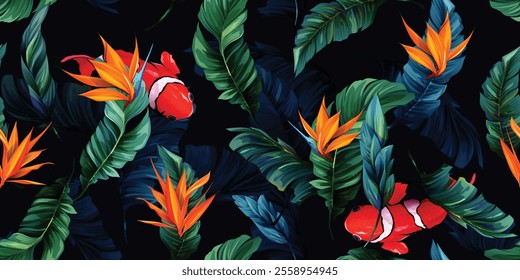 Wide seamless background pattern. Yellow flower of paradise with tropical leaves and fish on dark blue. Abstract, pure vector - stock.