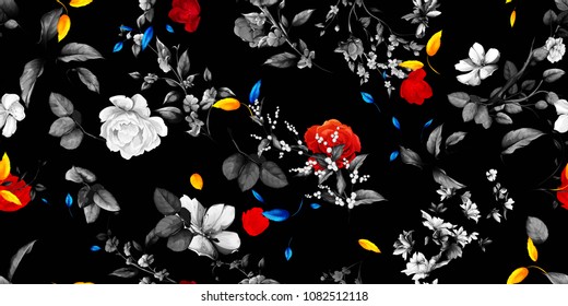 Breite, nahtlose, florale Hintergrundmuster. Peony, Rose, Snowberry mit wilden Blumen und Blätter auf Schwarz. Abstrakte, handgezeichnete Vektorgrafik.