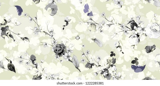 Wide seamless floral background pattern. Sakura branсhes with flowers, peony, leaves and bird on pastel. Abstract pattern for textile, fabric and other prints purpose. Hand drawn vector - stock.