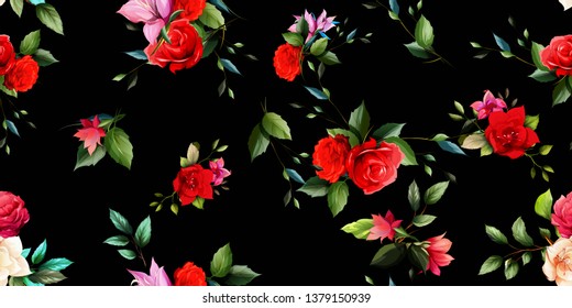 Wide seamless floral background pattern. Roses branсhes with magnolia and leaves on black. Abstract pattern for textile, fabric and other prints purpose. Hand drawn vector - stock.