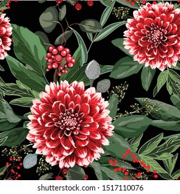 Wide seamless floral background pattern. Red dahlia flowers with christmas berries, branches with leaves on black background. Hand drawn.