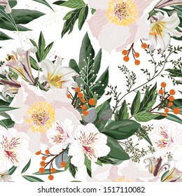 Wide seamless floral background pattern. White peony flowers with orange christmas berries, branches with leaves on black background. Hand drawn.