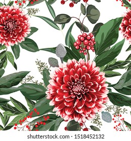 Wide seamless floral background pattern. Red dahlia flowers with christmas berries, branches with leaves on white background. Hand drawn.