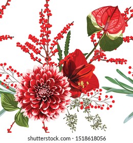 Wide seamless floral background pattern. Red dahlia and lilies flowers with christmas berries, branches with leaves on white background. Hand drawn.