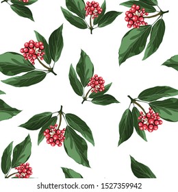 Wide seamless floral background pattern. Red Holly christmas berries, branches on white background. 