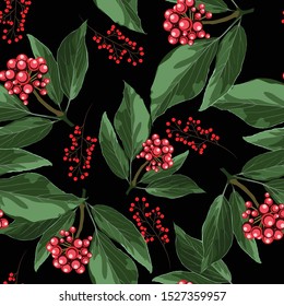 Wide seamless floral background pattern. Red Holly christmas berries, branches on black background. 