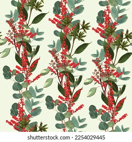 Wide seamless floral background pattern. Red Holly christmas berries, branches on vintage green background. 