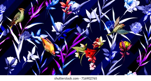 Wide seamless floral background pattern. Rose, waxwing and tropical leaves on dark blue. Hand drawn, stylized version. Vector - stock.
