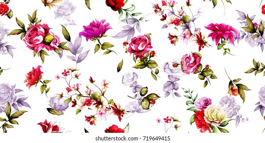 Wide seamless floral background pattern. Roses with rosemary and leaves. Pastel, hand drawn, vector - stock.