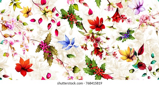 Wide seamless floral background pattern. Magnolia flowers with christmas tree, branches with leaves on pastel. Hand drawn, vector - stock.