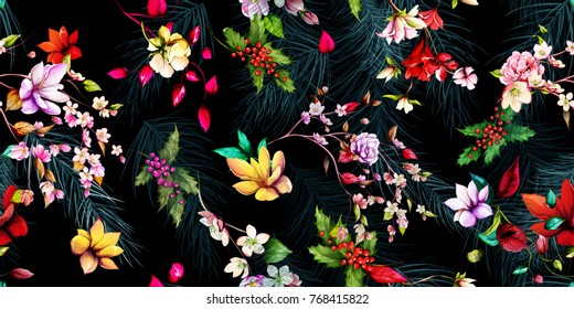 Wide seamless floral background pattern. Magnolia flowers with christmas tree, branches with leaves on black. Hand drawn, vector - stock.