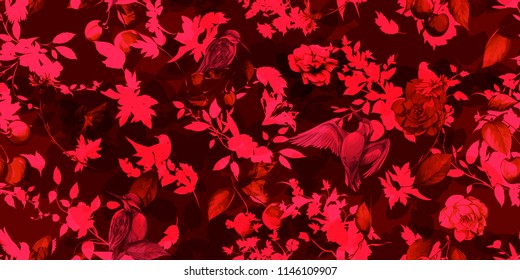 Wide seamless floral pattern. Birds halcyon with flowers and leaf on dark red background. Abstract hand drawn artwork, vector - stock.