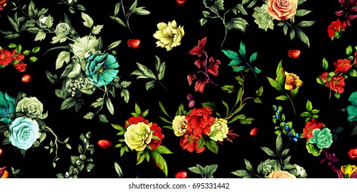 Wide seamless floral pattern.  Roses, peony, pomegranate with wild flowers and leaves on black. Hand drawn, vector -stock.