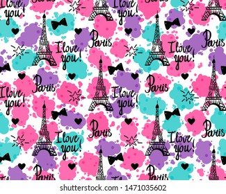 Wide Seamless pattern. Handwritten inscription Paris I love you. Illustration black ink Eiffel Tower. Vector color stops isolated on white background