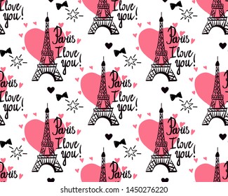 Wide Seamless pattern. Illustration black ink Eiffel Tower. Vector decorations isolated on white background. Handwritten inscription Paris I love you