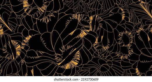 Wide seamless pattern surface. Repeatable abstract pattern background. Modern shape texture with light futuristic style. Black circle geometric drawing with gold lines. Vector illustration