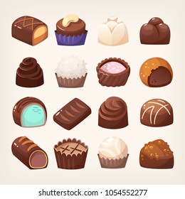 Wide selection of chocolate sweets of various forms with different fillings and toppings. Isolated vector images. Part 4/4