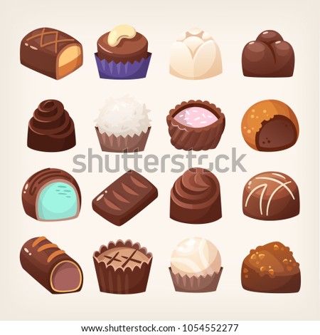 Wide selection of chocolate sweets of various forms with different fillings and toppings. Isolated vector images. Part 4/4