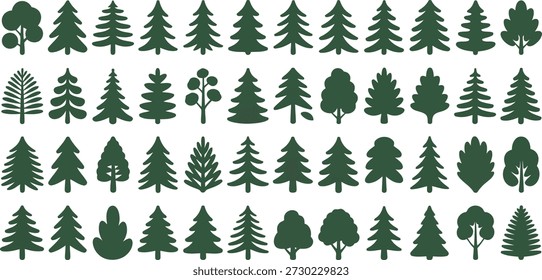 Uma ampla seleção de silhuetas de árvores verde-escuras, ilustrando diferentes formas e características de várias espécies de árvores.
